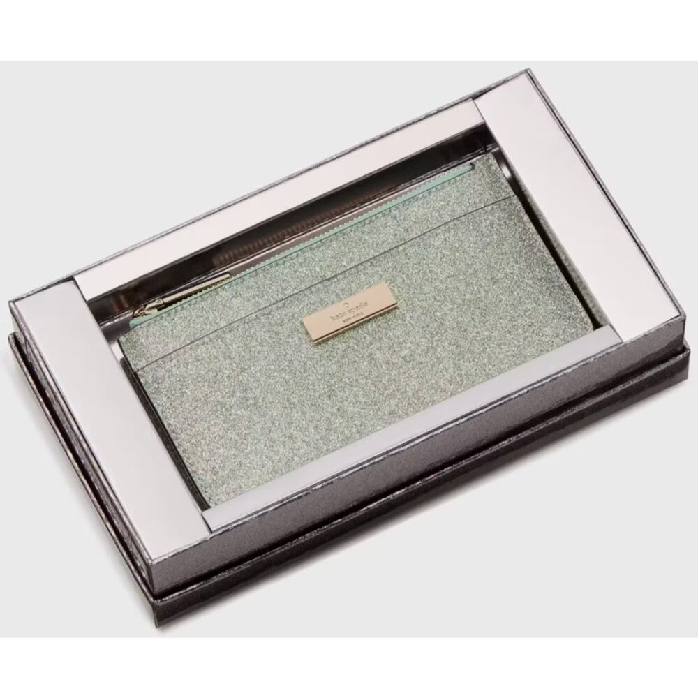 Kate Spade New York Kenzie Boxed Glitter Green Large Slim Cardholder Wallet - Picture 2 of 4